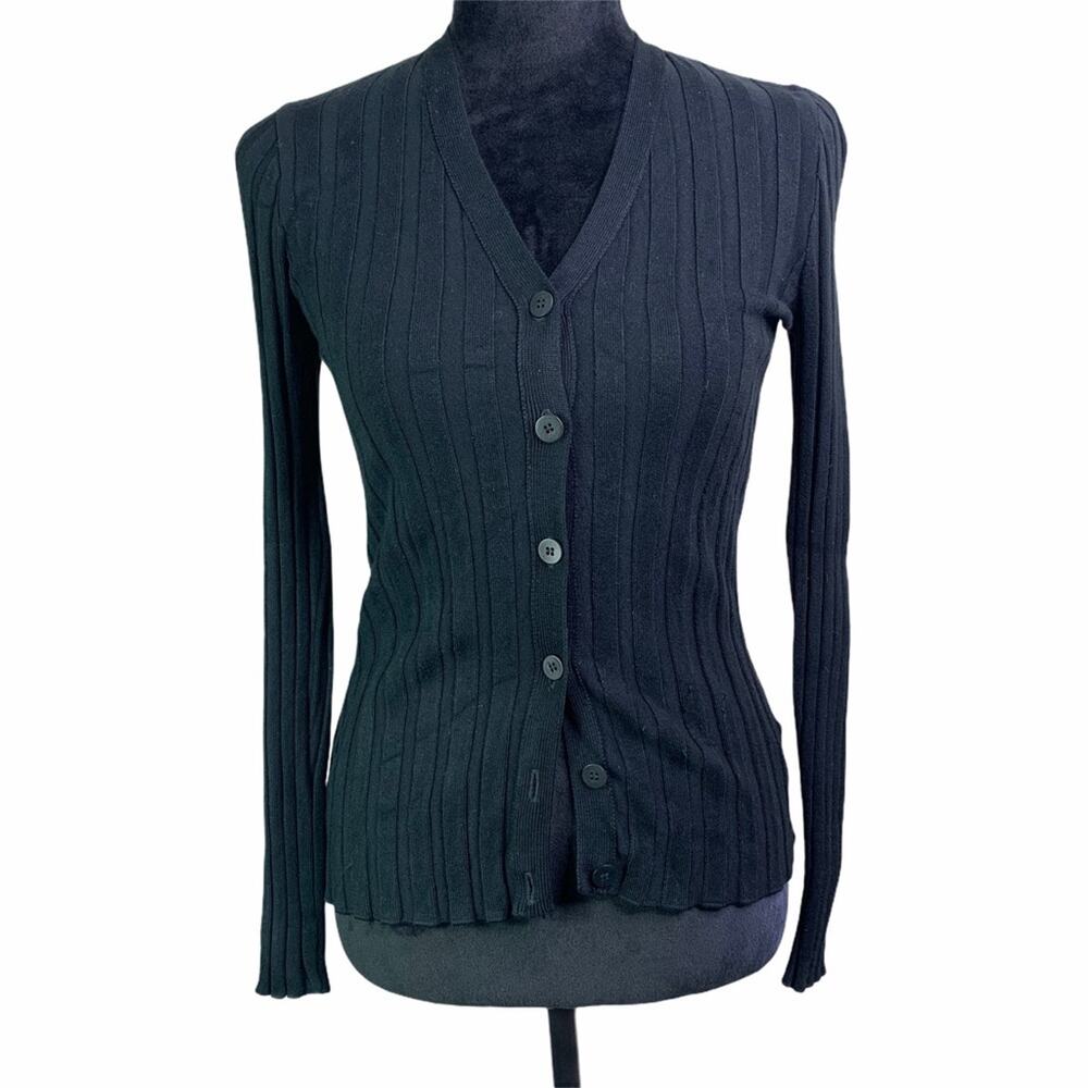 Laundry By Shelli Segal Black Ribbed Button-Down Cardigan
